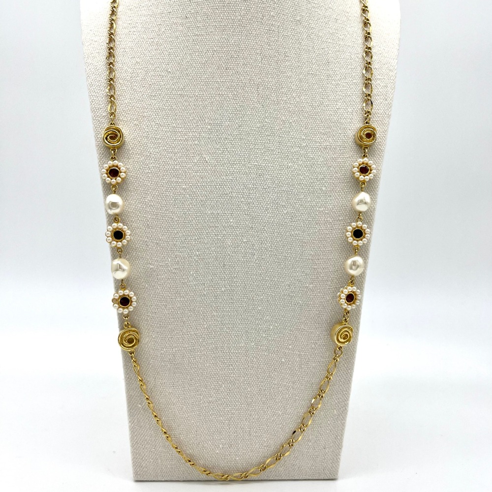 Vintage Gold Tone Necklace Faux Pearl Beaded‎ Chain Long Fashion Jewelry